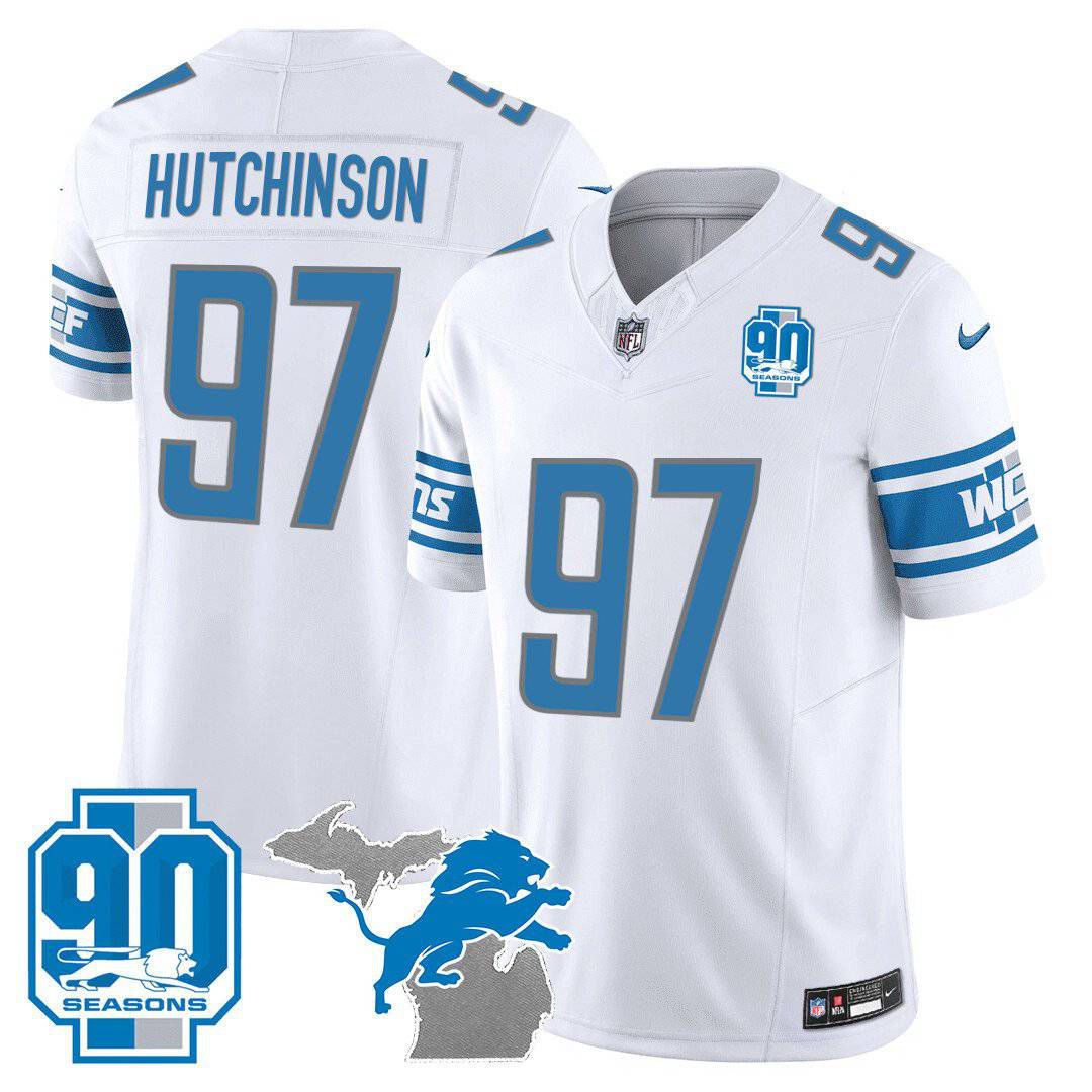 Men Detroit Lions #97 Hutchinson White 2024 Nike 90th Year Michigan Patch Vapor NFL Jersey